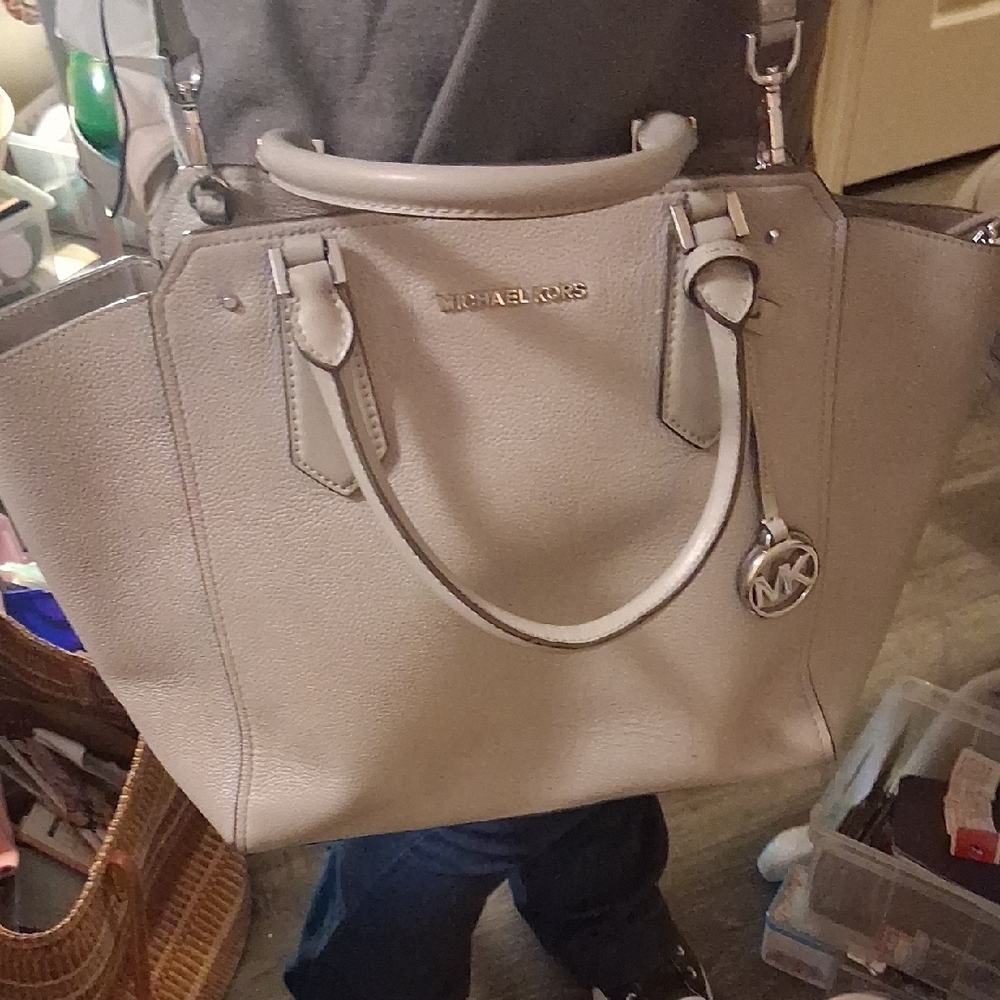 Michael Kors Neutral Taupe Pebbled Leather Tote with MK Charm
